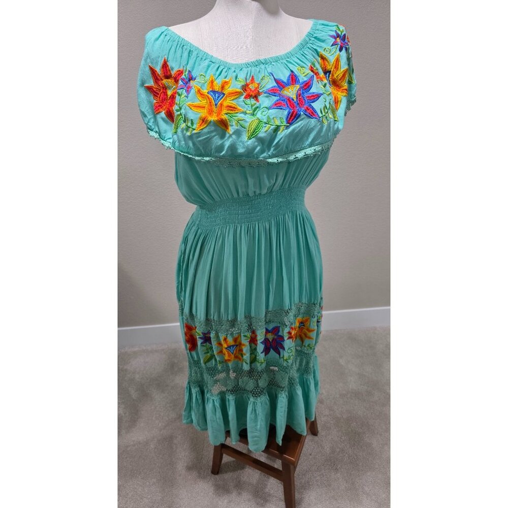 Mexican Boho Maxi Dress With Floral Embroidery & Lace Details Turquoise Color El